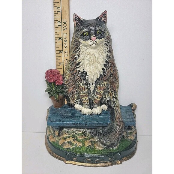 Upper Deck Vintage Cast Iron Cat Kitten Heavy Door Stopper Cat and Flower Pot - Picture 3 of 11